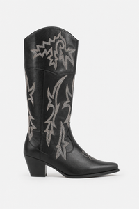 Bottes Santiags Hautes en Similicuir Noir à Broderies Argentées