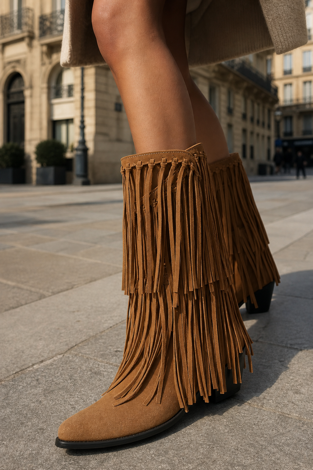 Bottines Country en Daim Camel à Franges Mi-Mollet
