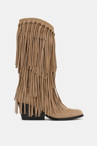 Bottes Santiags en Daim Camel à Franges Mi-Mollet