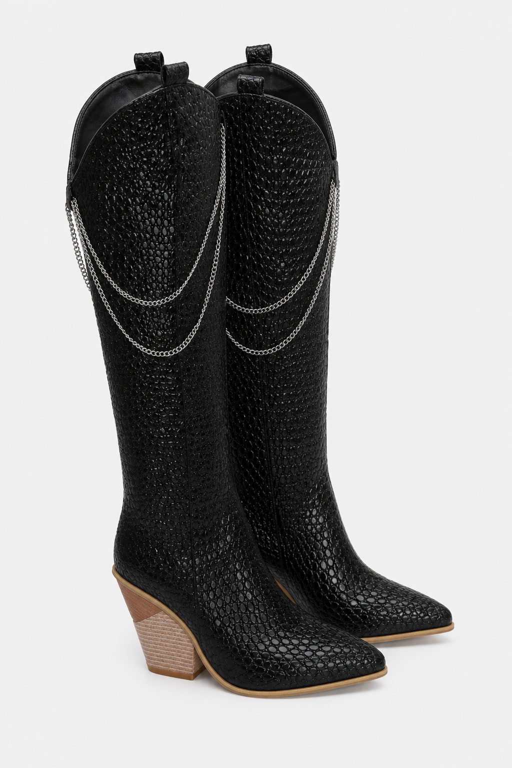 Bottes Santiags Noires Effet Croco avec Chaînes