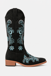 Bottes Santiags en Suédine Noires à Motifs Floraux