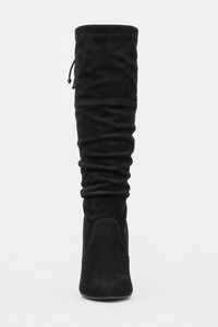 Bottes Cuissardes Noires en Daim Plissées à Talon Bloc