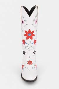 Bottes Santiags Blanches Brodées de Fleurs et Cœurs