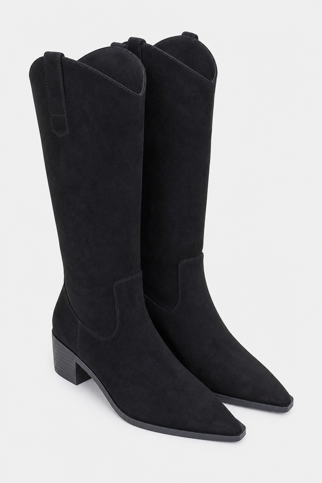 Bottes Santiags Hautes en Daim Noir à Bout Pointu