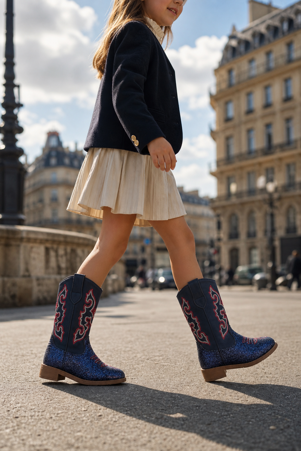 Santiags pour Enfant Bleu Marine Pailletées à Broderies Rouges