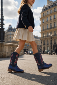 Santiags pour Enfant Bleu Marine Pailletées à Broderies Rouges