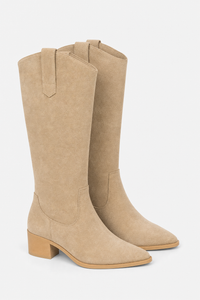 Bottes Santiags Hautes en Daim Beige à Bout Pointu