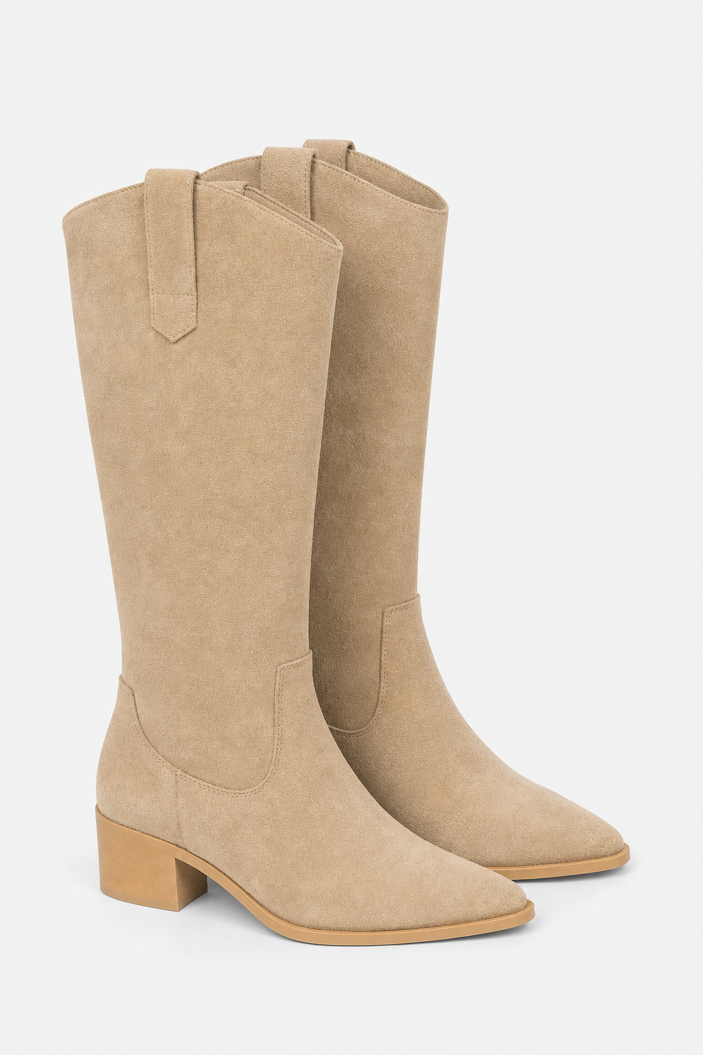 Bottes Santiags Hautes en Daim Beige à Bout Pointu