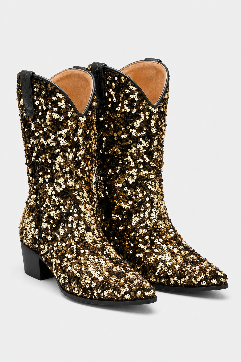 Bottes Santiags à Paillettes Or et Noir Talon 5cm