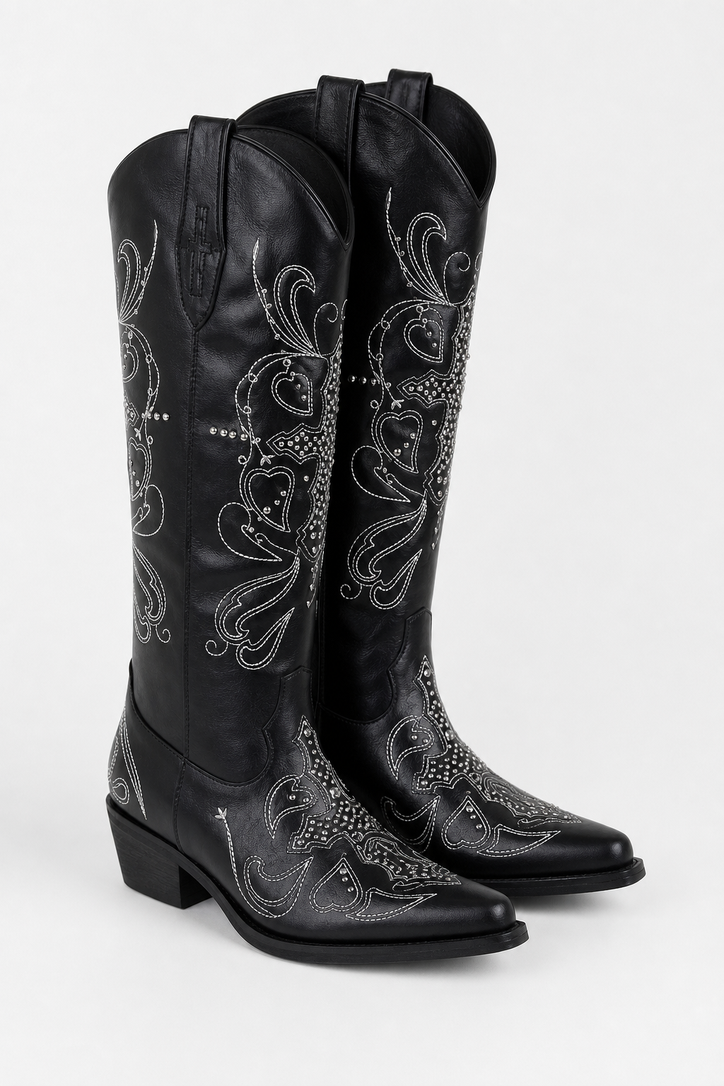 Bottes Santiags Noires à Broderies Blanches et Clous