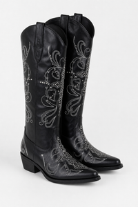 Bottes Santiags Noires à Broderies Blanches et Clous