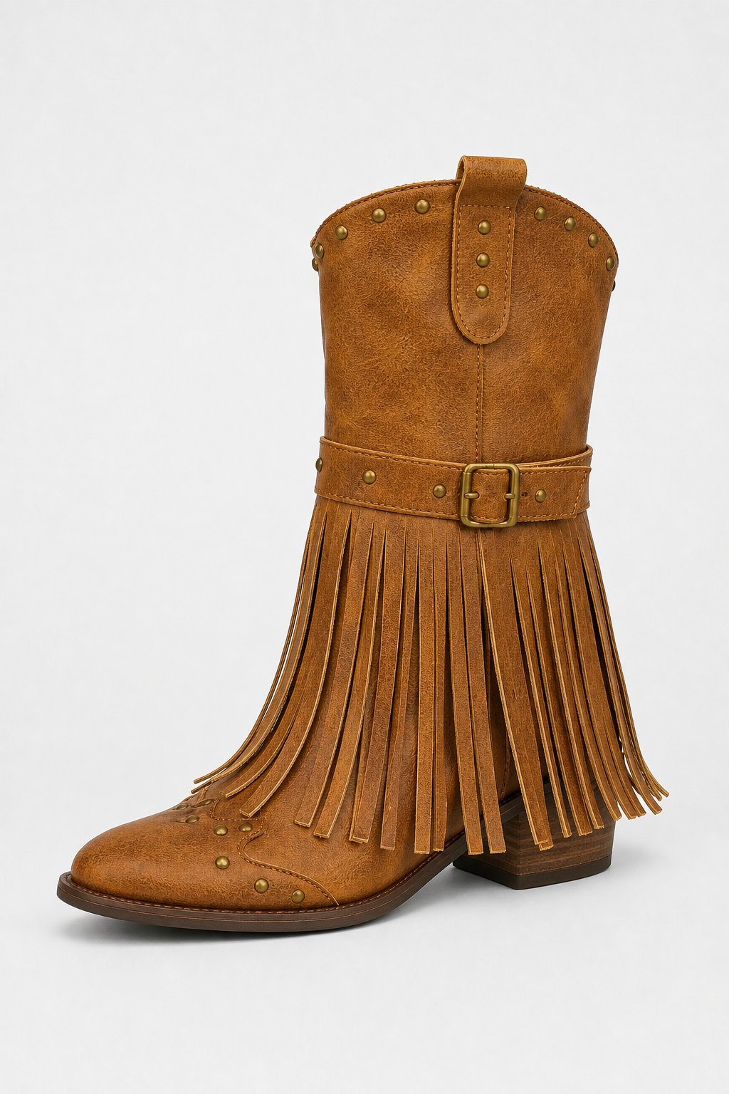 Bottes Santiags en Similicuir Brun à Franges et Clous