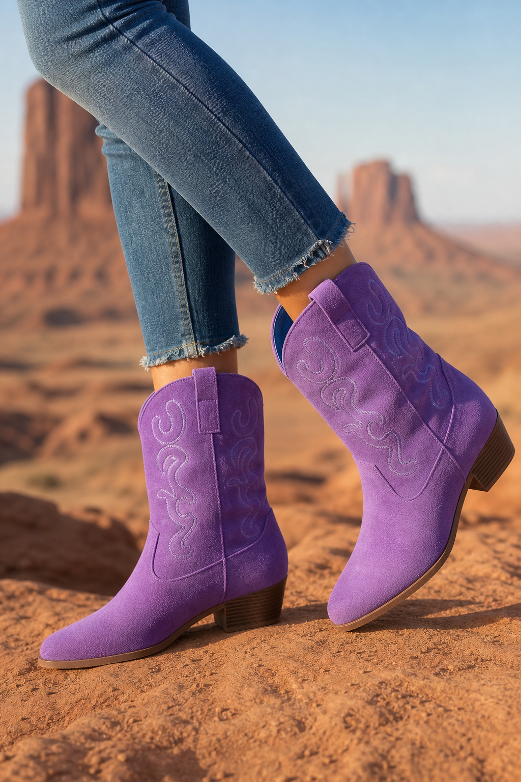 Bottes Santiags en Daim Violet à Broderies Western