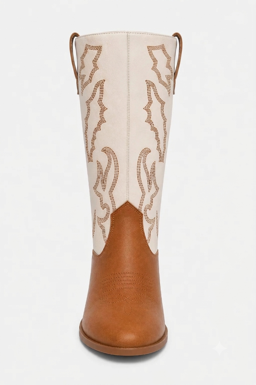 Bottes Santiags en Similicuir Crème et Cognac à Broderies